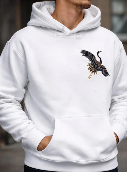 Hoodie OSAR blanc, broderie grue bleu arctique