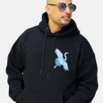 Hoodie OSAR noir, broderie grue bleu arctique